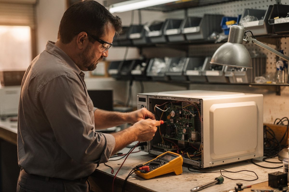 Bench technician testing a microwave's components at the shop workbench