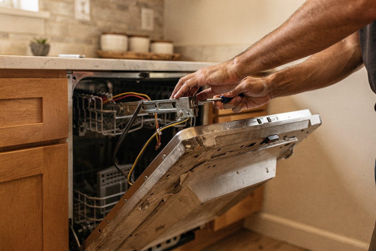 Dishwasher pulled from its cabinet with the front panel off for repair