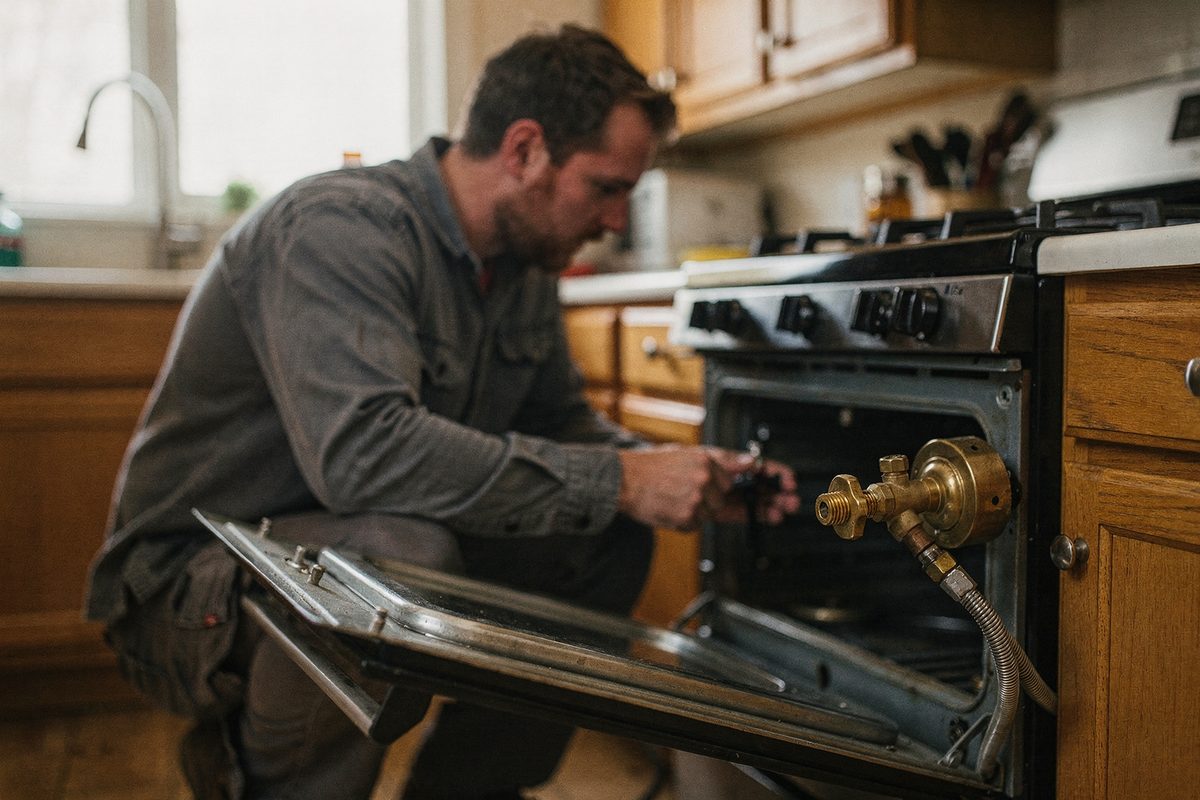 Technician repairing a gas range with the igniter exposed and the shutoff valve visible