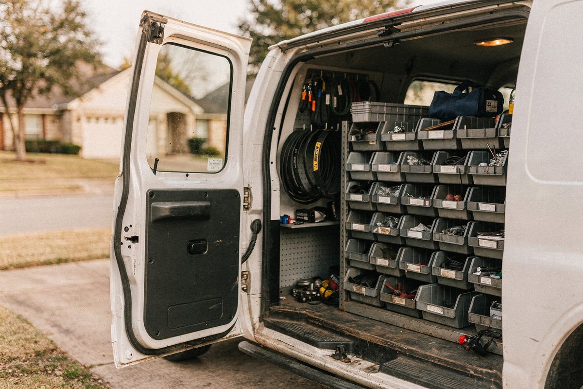 Service van with the side door open showing organised parts bins and belts
