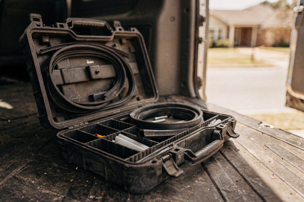 Close-up of a technician's tool case with belts and door seals stocked inside